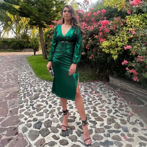 fitted lace wedding dress Erin Long Sleeve Midi Dress Emerald Green – Rebecca Vallance main image 0